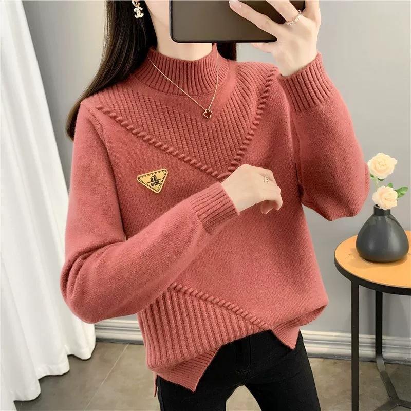 

Autumn and winter new knitted bottoming shirt pullover sweater semi-turtleneck casual solid color loose inner top women красный