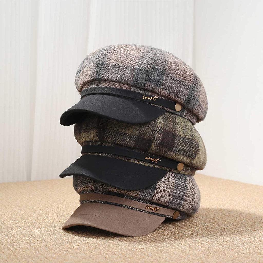 Academy cap plaid newsboy hat retro visor classic PU brim newsboy hat
