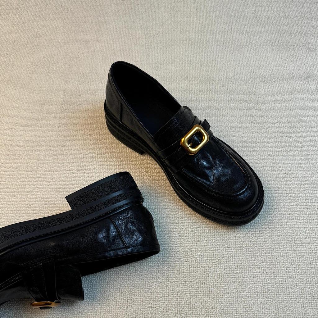 Sheepskin Version~ Thick-soled Metal Buckle Women's Leather Round Head Simple One-pedal Medium Heel Small Leather Shoes