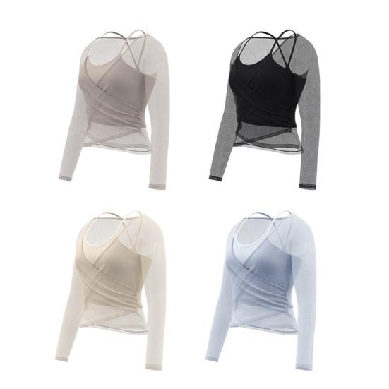 Long Sleeve Yoga Two-Piece Set for Women Mesh Gym Athletic Tops Workout Shirts with Support Sports Bra