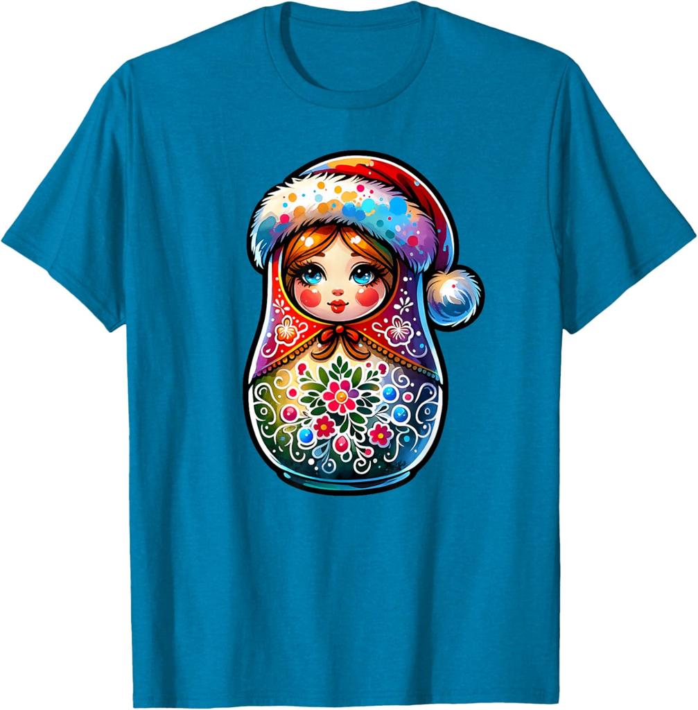 Christmas Matryoshka Doll Graphic Tee Breathable Short Sleeve Casual Round Neck T-Shirt
