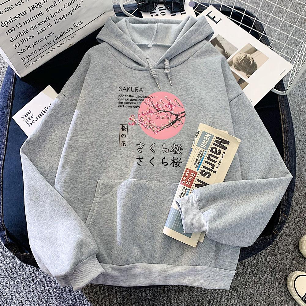 Japanese Blossom Sakura Graphic Hoodies Female Long Sleeve Hooded Pullovers Winter Cartoon Printing Sweatshirts