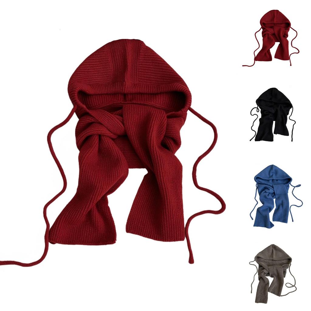 Women's Color Knit with Hood and Neck Warmer, Warm Winter Hat for Cold