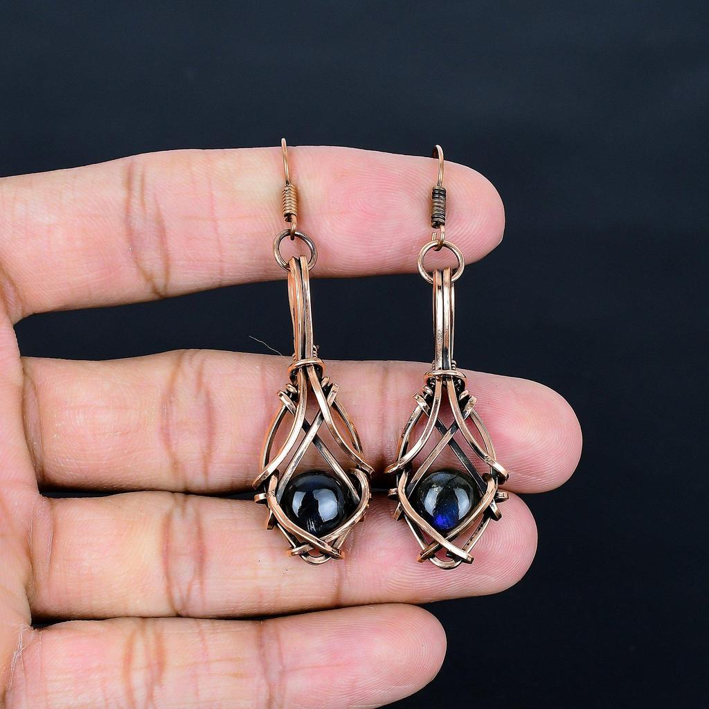 Labradorite 999 Copper Wire Wrapped Earrings, Handmade Gemstone Earrings Jewelry, Gifts For Wife Brand New Earrings