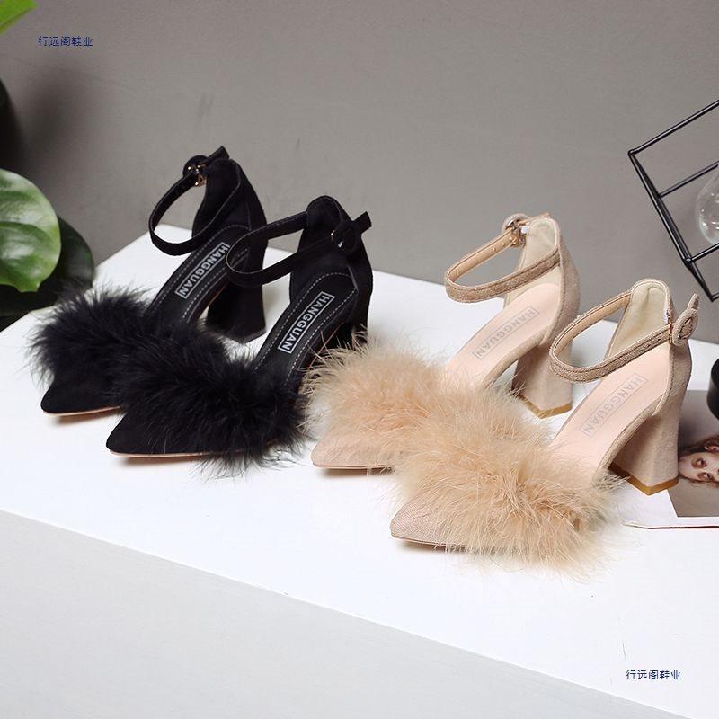 High heels autumn and winter Mao Mao women's shoes thick heel student versatile new pointed one-word buckle fashion single shoes tide