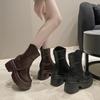 Mode 11CM Dicke Absätze Motorradstiefel Hohe Plateauschuhe Herbst Leder Sneakers Damen Winter Warme Stiefeletten Klobige Kurze Punkstiefel