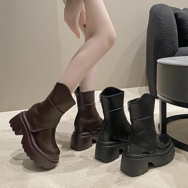 Móda 11CM Silné Podpatky Motorkářské Boty Vysoká Platforma Podzim Kožené Tenisky Ženy Zima Teplé Kotníkové Boty Robustní Krátké Punkové Boty