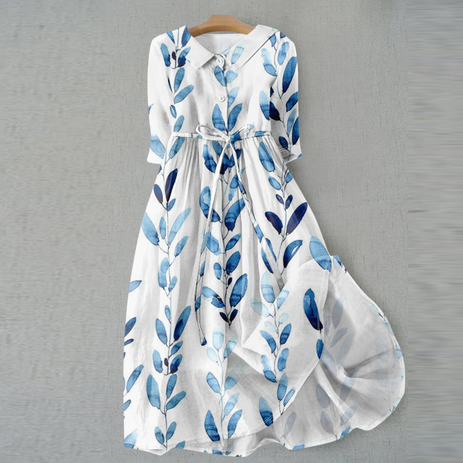 

Женское модное винтажное платье с цветочным принтом и пуговицами с лацканами и рукавами три четверти на бретельках XL синий