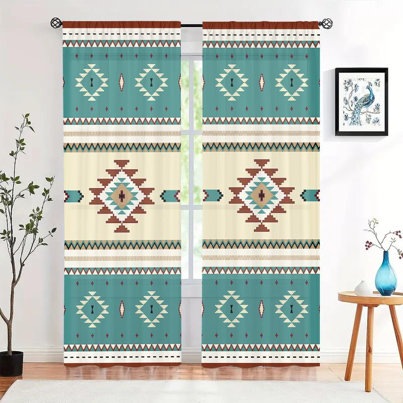 2 Stück, Retro-Vorhänge im geometrischen Ethno-Stil mit Aztekenmotiv – halbtransparent – geeignet für Wohnzimmer, Schlafzimmer, Küche, Heimdekoration