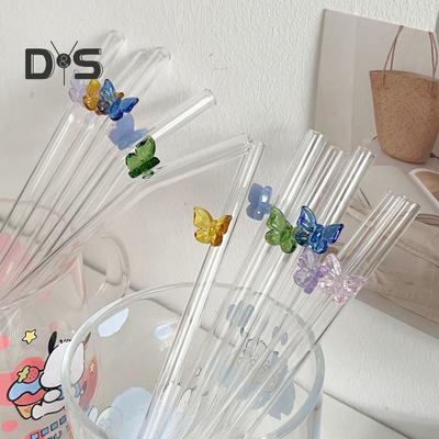 Cam Yeniden Kullanılabilir Pipet Renkli Kelebek Tasarımı Cam Pipet Isıya Dayanıklı Şeffaf Borosilikat Pipetler