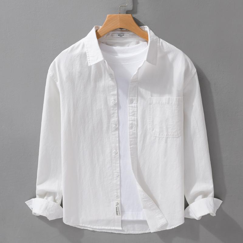 Spring and Summer Long Sleeve Mens Shirts Korean Version Solid Color Slim Shirts Comfort Pure Cotton Turn Down Collar Solid Color Casual Tops