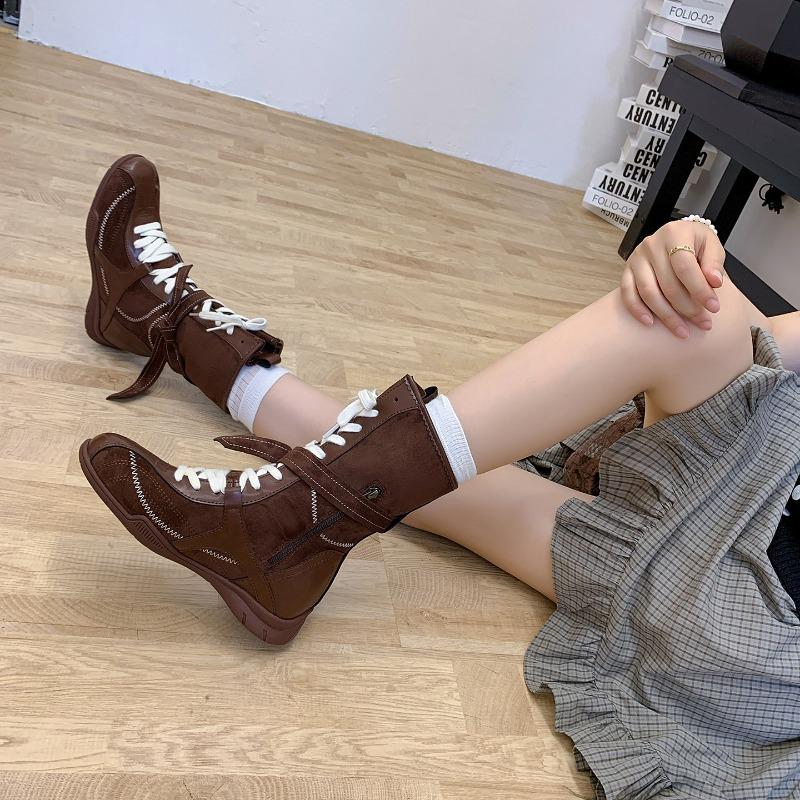 Boxing Boots 6 Inner Height Increase Retro Martin Boots Women's Autumn New Western Boots Color Matching Lace-up Boxing Shoes