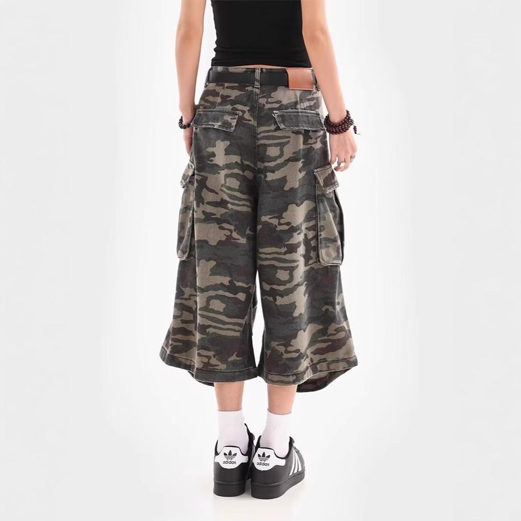 JYL Unisex Camo Jeans Summer Cropped Loose Neutral Style Cargo Denim Pants