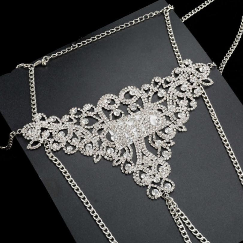 Sexy Rhinestone Chain Body Lingerie Set Heart Body Jewelry for Women Fashion Bikini Underwear Bling Crystal Bra Thong #0699