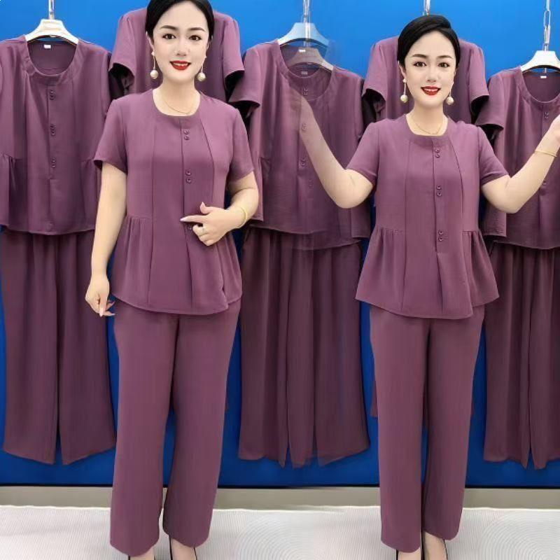 Elegant Summer 2026 Plus Size Ice Silk Two-Piece Set for Moms