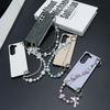 For Samsung Galaxy Z Fold6 5G Case Textured Glitter Leather+PC Phone Cover with Beaded Strap