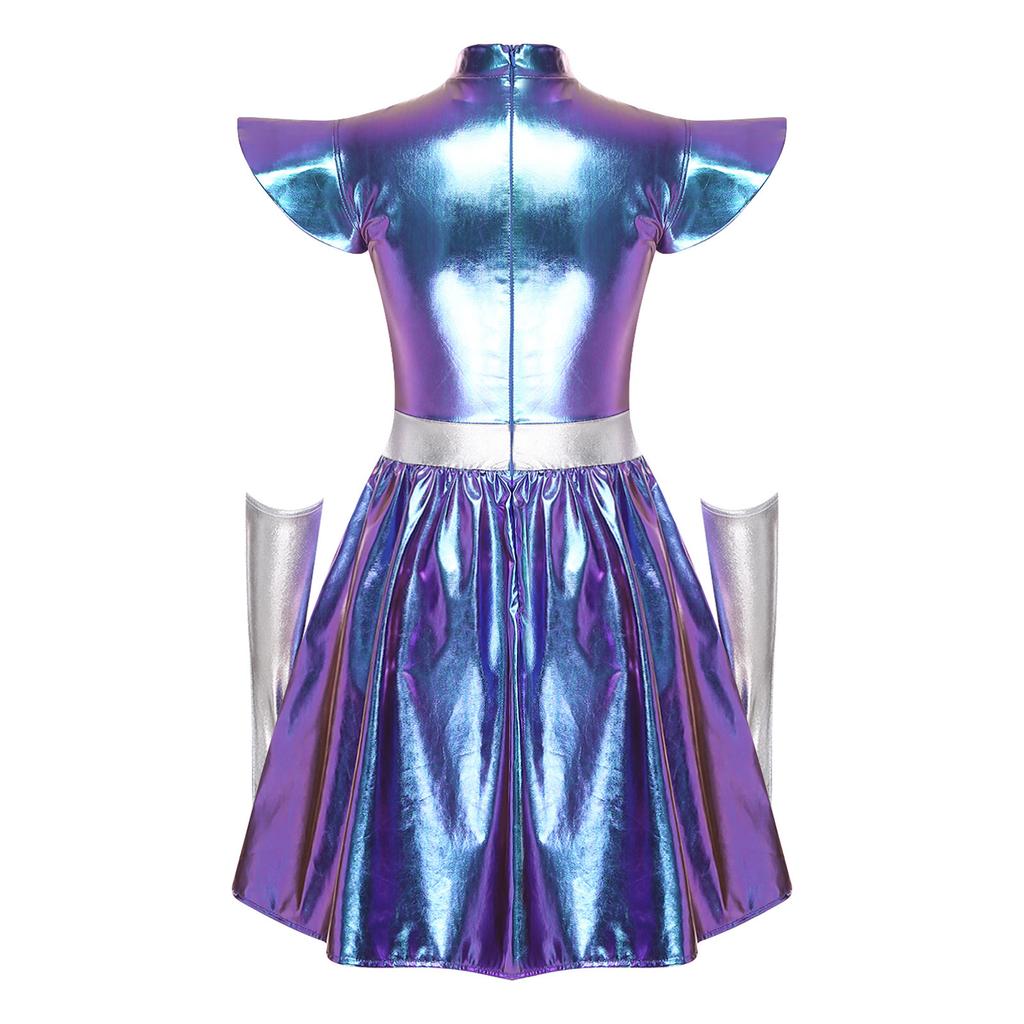 S-3XL Dames Buitenaards Cosplay Kostuum Metaalachtig Glanzende Jurk, Uitgesneden Hals & Gestructureerde Schouderstukken met Handschoenen voor Ruimte Themafeest