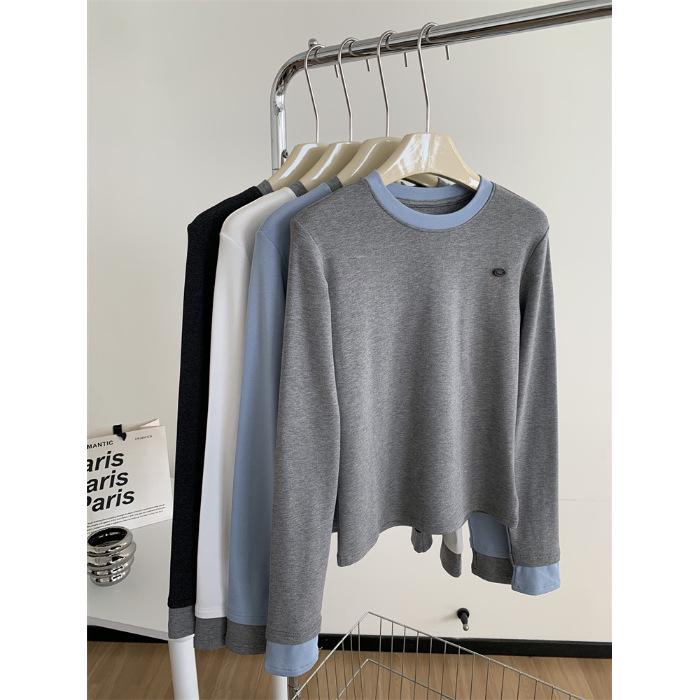 Women's Premium Color Block Round Neck Long Sleeve Fleece T-shirt - Autumn/Winter Imitation Cashmere Base Layer