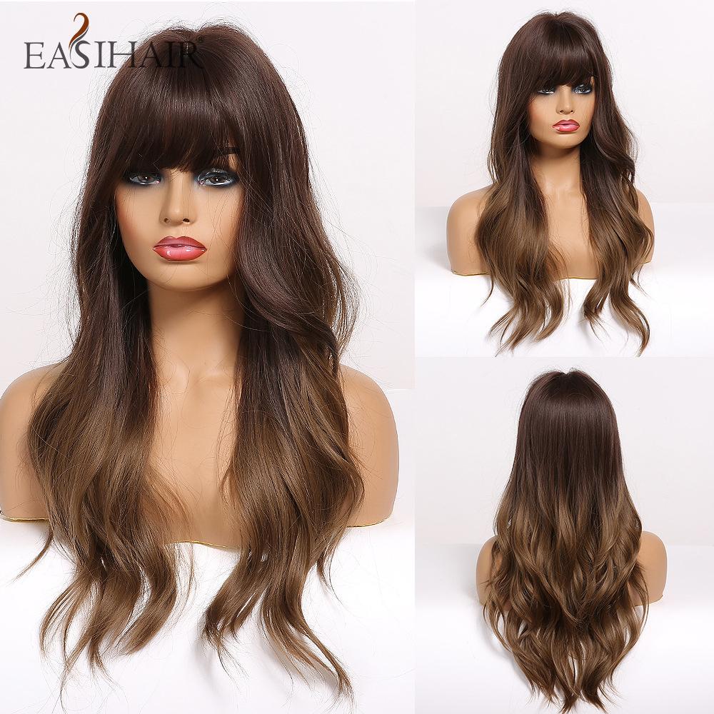 EASIHAIR Long Blonde Synthetic Wigs with Bangs Natural Wavy Hair Wig for Women Daily Cosplay Wig Heat Resistant Fiber