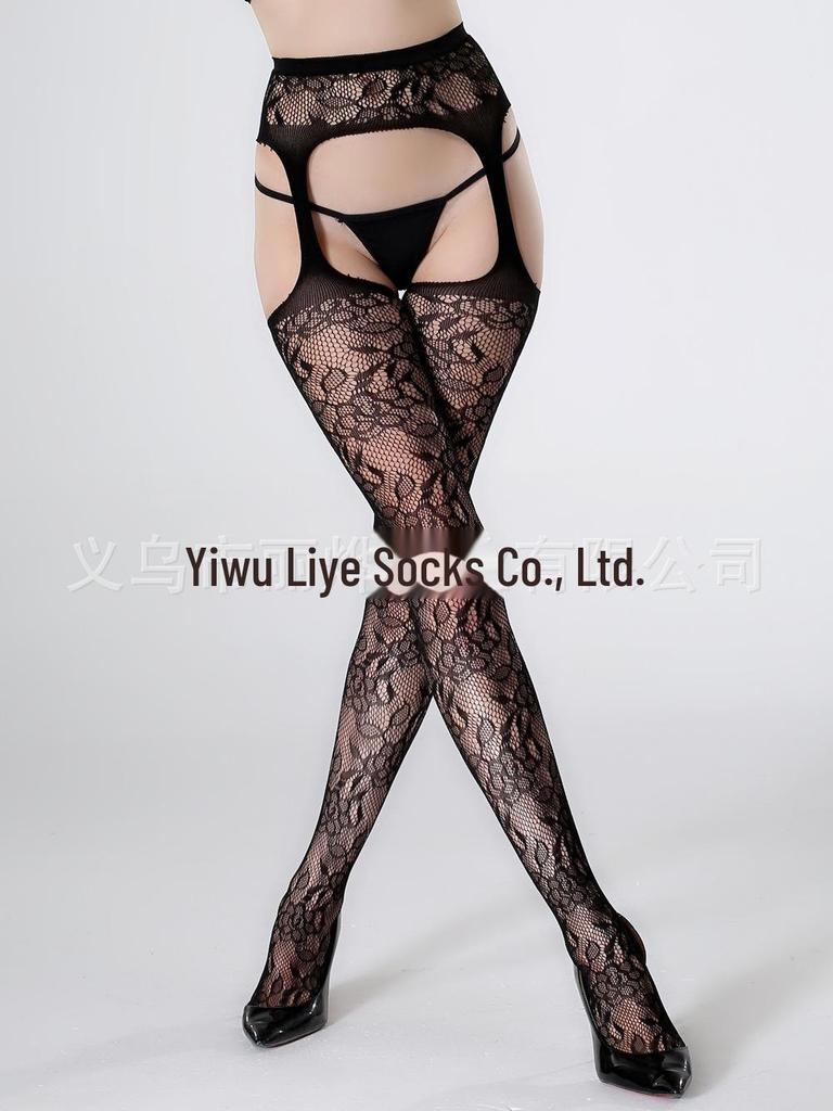 Anti-Snag Open Crotch Black Fishnet Sexy Jacquard Stockings