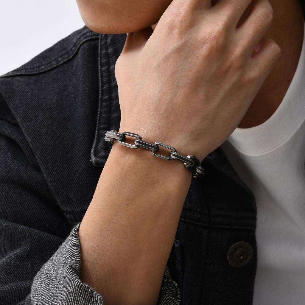 Casual Rectangle Chain Bracelets for Men Boys,Silver Color Stainless Steel Wristband,Punk Anniversary Jewelry Gifts