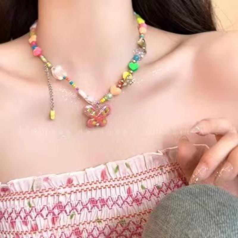 Dopamine Color Butterfly Beaded Necklace Female Personality Sweet Versatile Girl Collarbone Chain Fashion Necklace