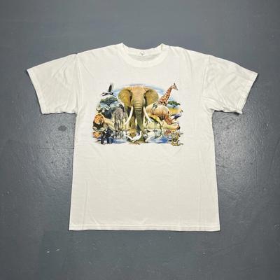 Vintage Y2K African Animals Graphic Tshirt White Large Unisex Nature VTG