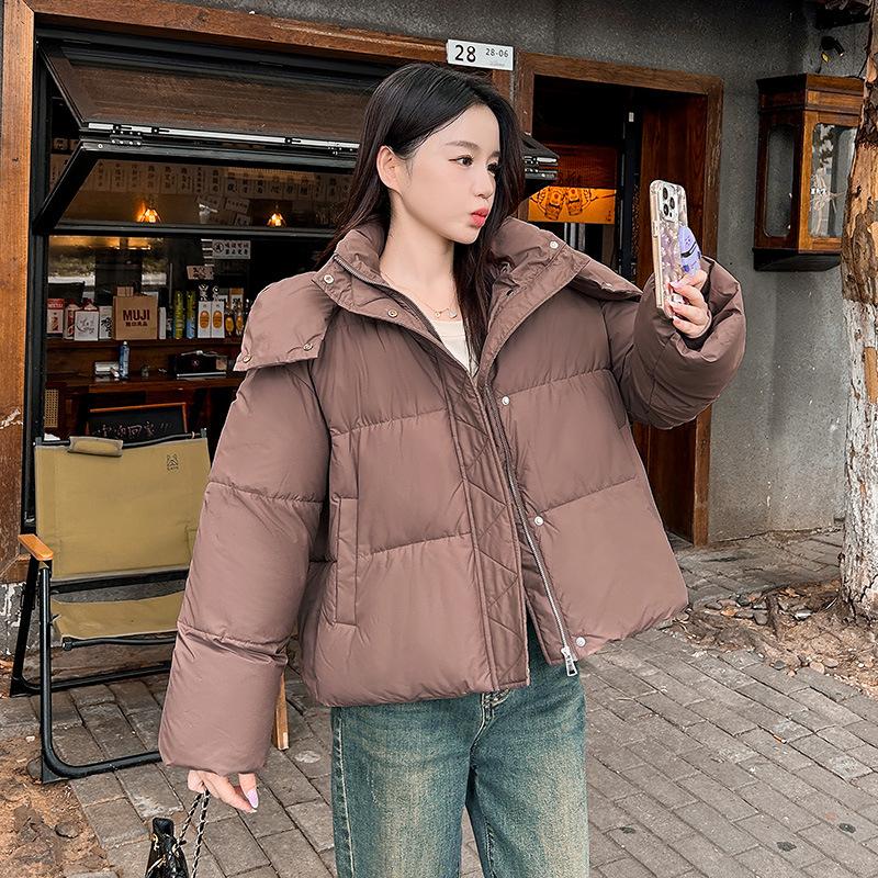 

модная куртка пуховик 2025 новая с капюшоном утолщенная укороченная хлопковая куртка зимняя свободная куртка-хлеб куртка с наполнителем XL кофейный