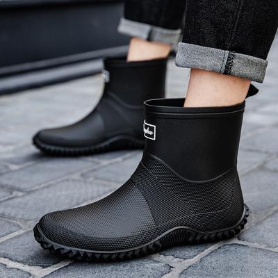 Fashion New Men's Mid-Calf Thick Bottom Rain Boots Fashionable Fishing Kitchen Non-Slip Waterproof Car Wash Boots Round Toe PVC Material