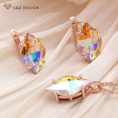 Fashion Luxury Prismatic Crystal Drop Earrings For Women Wedding Rose Gold Color Eardrop Jewelry Gift