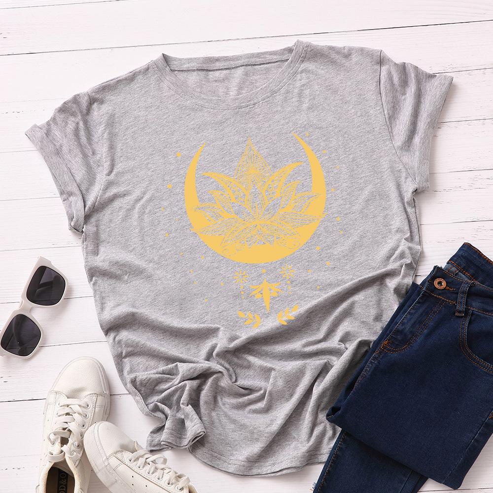 Creative Starry Sky Lotus Pattern Cotton Loose Round Neck Short Sleeved Women's T-shirts