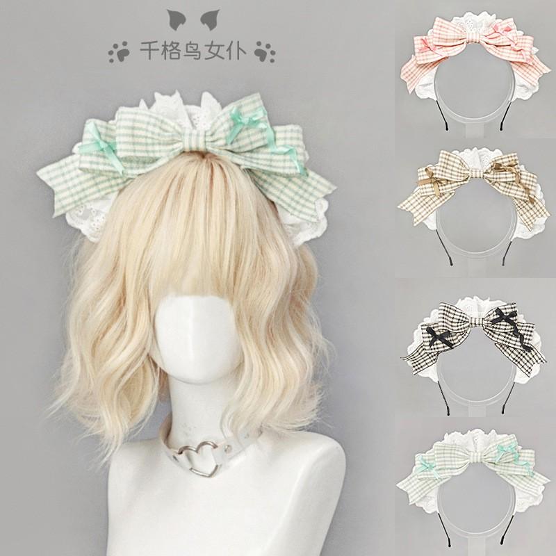 Handmade Lolita Maid Headband With Houndstooth Cosplay Anime Convention Womens Hair Accessory