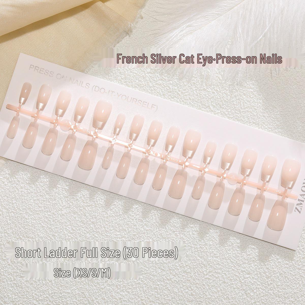 

Минималистичные французские серебристые ногти-накладки «кошачий глаз» - Короткие трапециевидные, Айс Ти/Молочный Чай Айс Флэш Нюдовые, Для повседневной носки XS/S/M