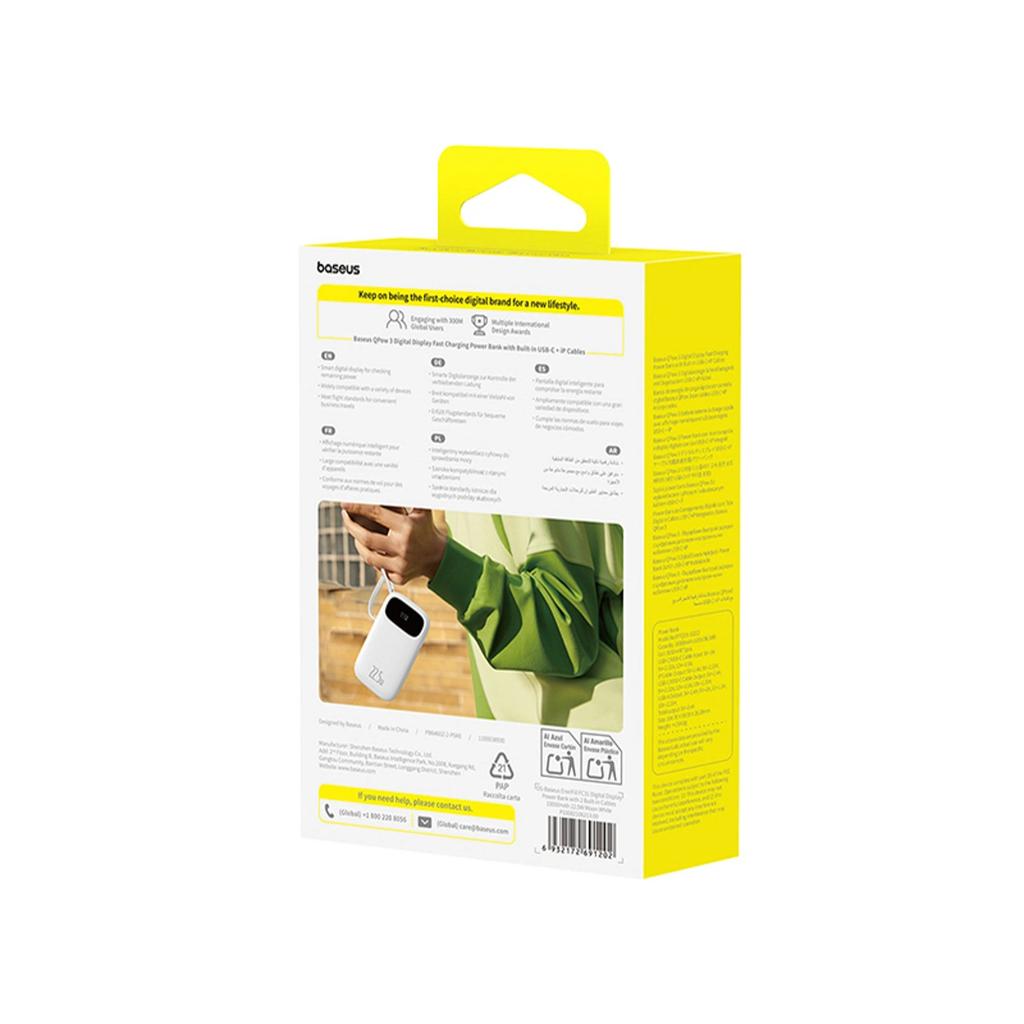 Powerbank Baseus Enerfill Fc31 10000Mah 22.5W Z Wyświetlaczem Cyfrowym Z 2 Wbudowanymi Kablami - Biały