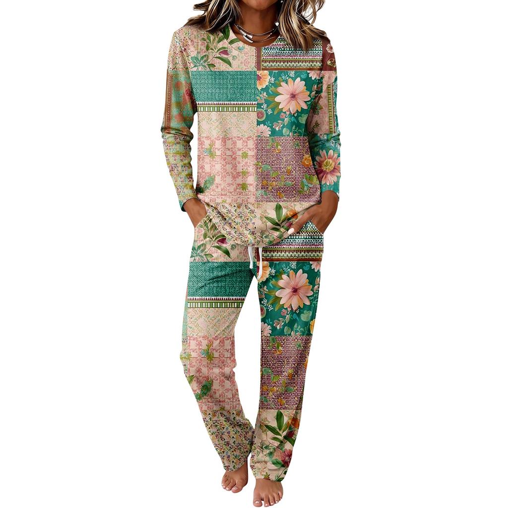 Conjunto de Pijama Casual para Mujer con Top de Cuello Manga Larga y Pantalones Anchos con Cordón para Dormir y