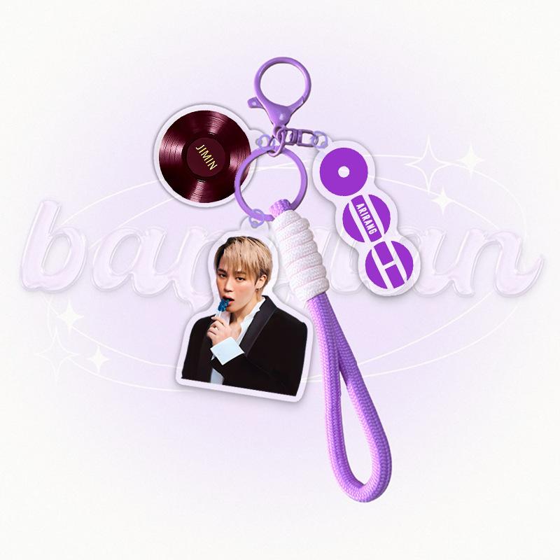 BTS Member Photo Acrylic Keychain with Purple Braided Strap, Bangtan Boys Vinyl Disc Charm Keyring, Kpop ARMY Fans Bag Accessory