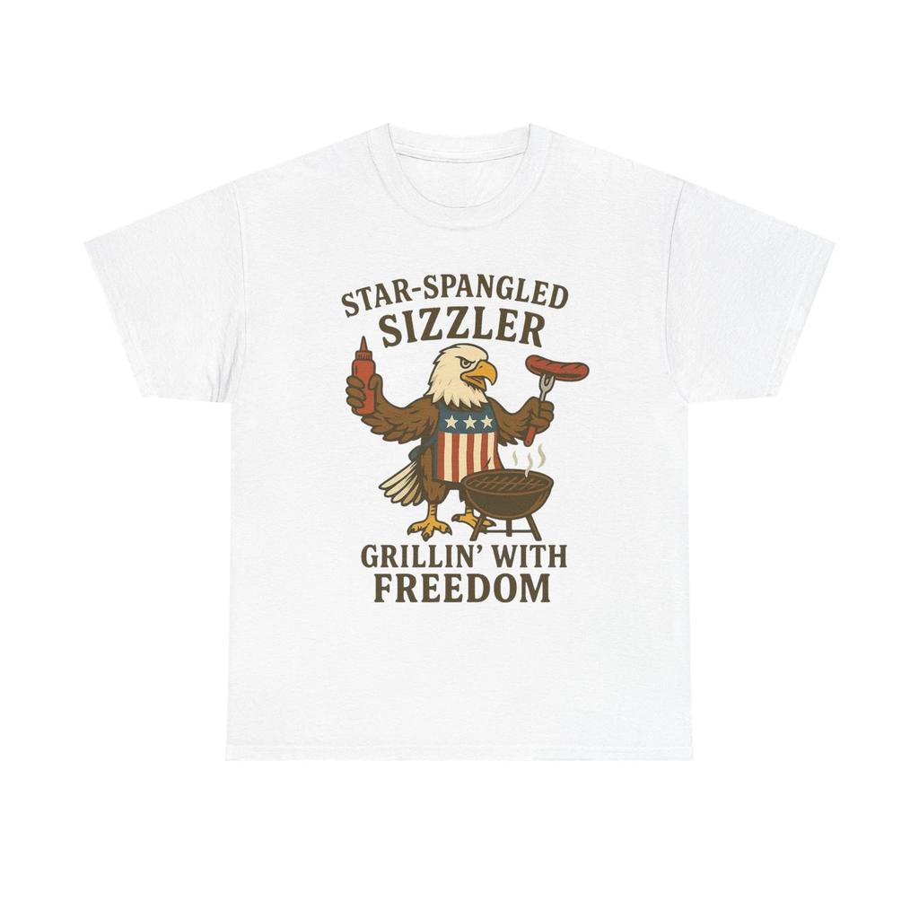 Grilling With Freedom American Flag T Shirt USA Bald Eagle Unisex Heavy Cotton