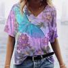 Sommar V-ringad 3D Blommig Tryckt Topp Trendiga Casual Kortärmade Dam T-shirts