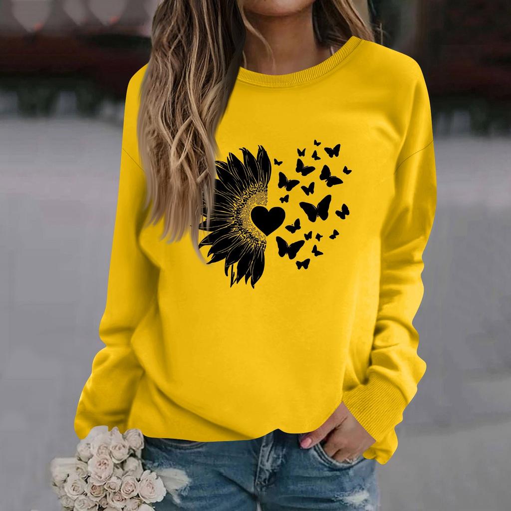 Damenmode Lässig Langarm Einfarbig Bedruckt Rundhals Oberteil Sweatshirt