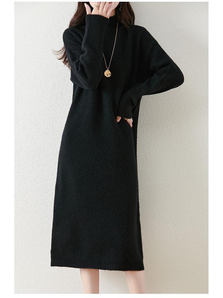 Women's Slim Fit Knit Sweater Dress, Half-High Collar, Over-the-Knee, Long Skirt, Mid-Length, Base Layer.
