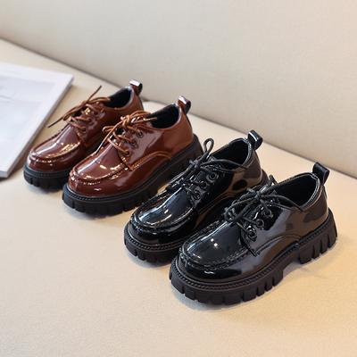 Kinder-Lederschuhe für Jungen und Mädchen, dicke Sohle, Schnürschuhe für Kinder, Schule, Lederschuhe für Hochzeit, Party, Show, britischer Stil, Schwarz