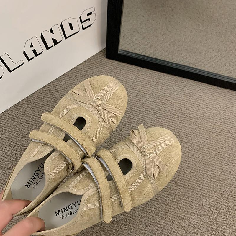2025 Spring and Autumn New Flat Bottom Solid Color Casual Shoes Matte Bow Velcro Comfortable Soft Sole German Training Shoes Women