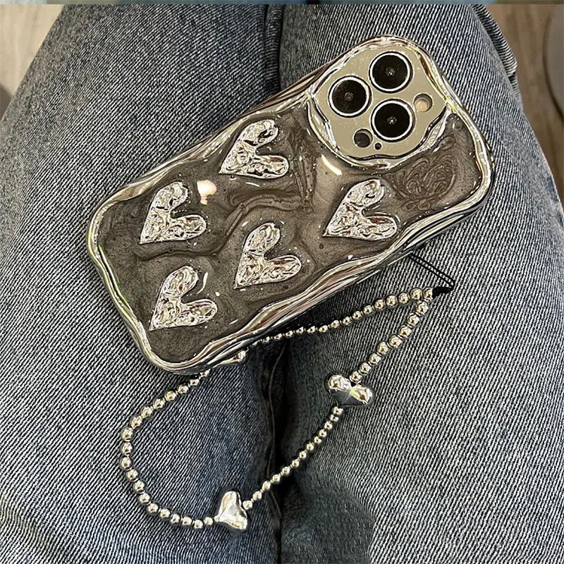 Electroplated Pleated Love Mobile Phone Case for Apple 17 Promax Portable Rope for IPhone 16 Epoxy Silicone Anti-fall