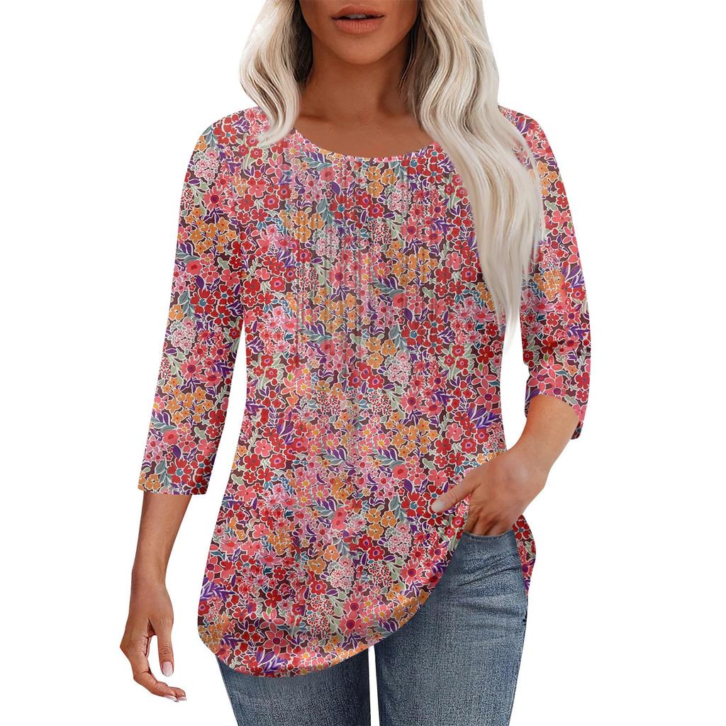 Women's Fashionable Casual Pleated Round Neck Casual Floral Print Seven Quarter Sleeved T-shirt Top