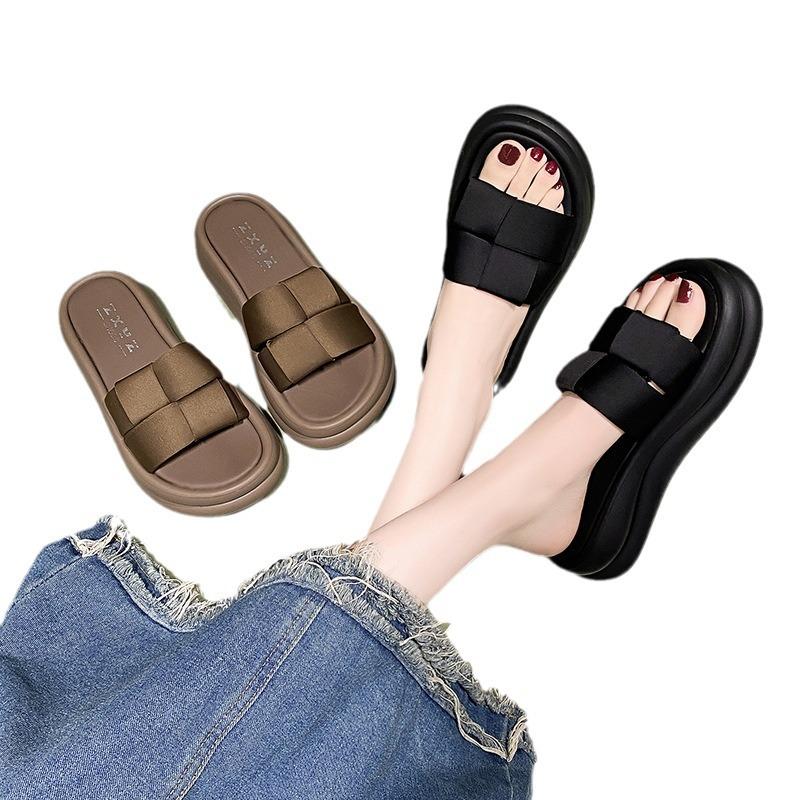 Summer new niche woven cloth with slippers women's thick bottom outer wear casual beach vacation sandals