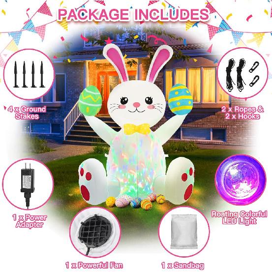 Easter Inflatables Outdoor Decorations 4ft Cute Inflatable Bunny Hold Eggs Blow Up Yard with LED Lighted Colorful Happy Rabbit Blow Ups for Outside