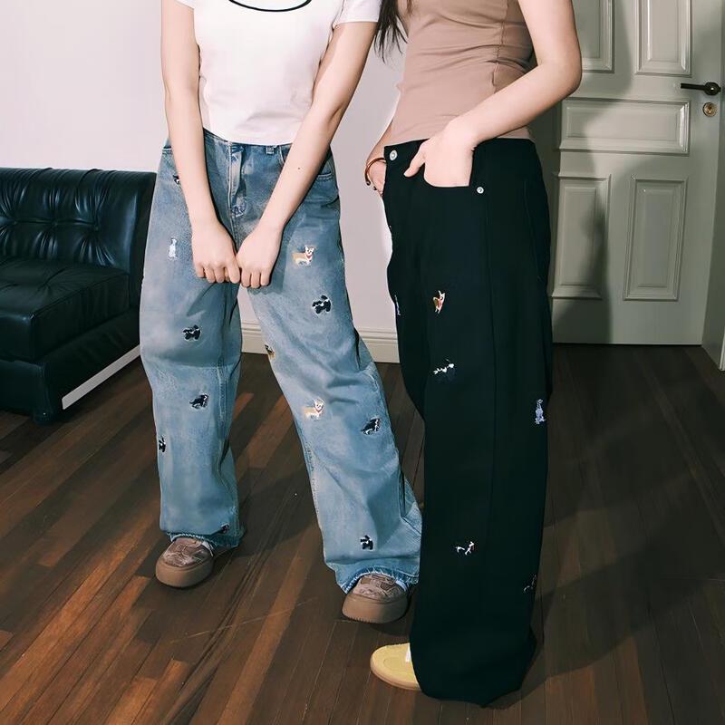 LEMANISM Cartoon Dog Embroidered Washed Straight-Leg Jeans