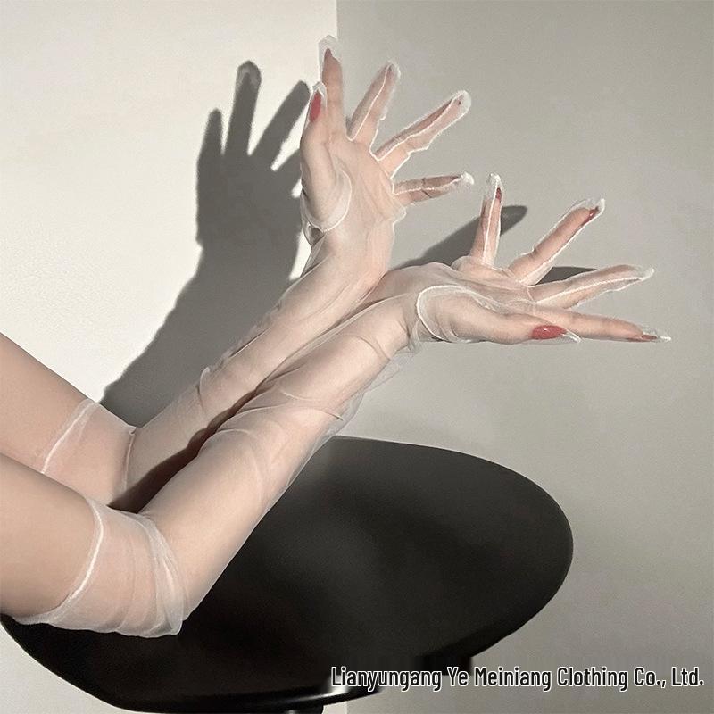 Elegant Wine Red Sheer Gloves for Women - Summer Bridal Wedding Long Arm Sleeves Lingerie