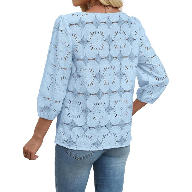 Women Casual Lace Three Quarter Sleeve Round Neck Blouse