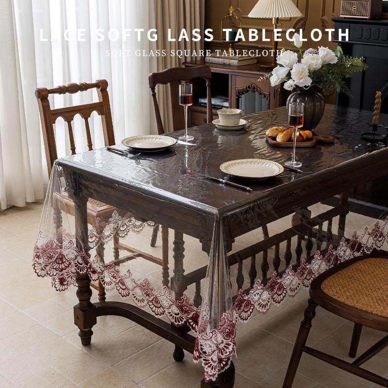 Transparent Soft Glass Dining Table Cloth Embroidered Lace Coffee Tablecloth Square Waterproof Oil Resistant Heat-resistant Table Mat